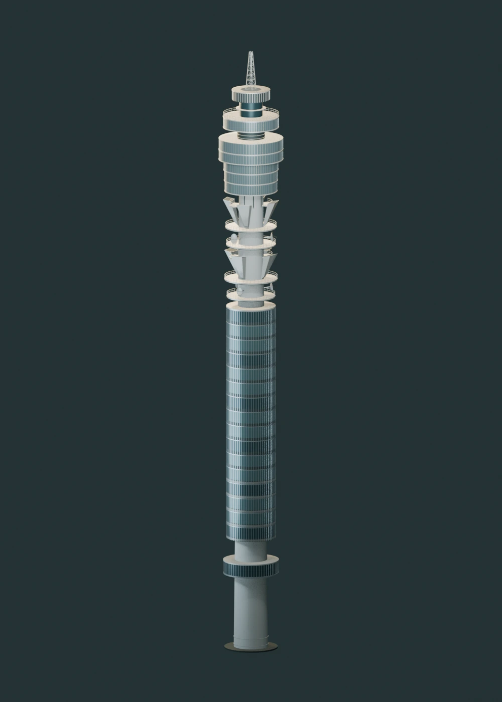 BT Tower 建築模型:細長塔身、環形天線平台與玻璃塔冠。