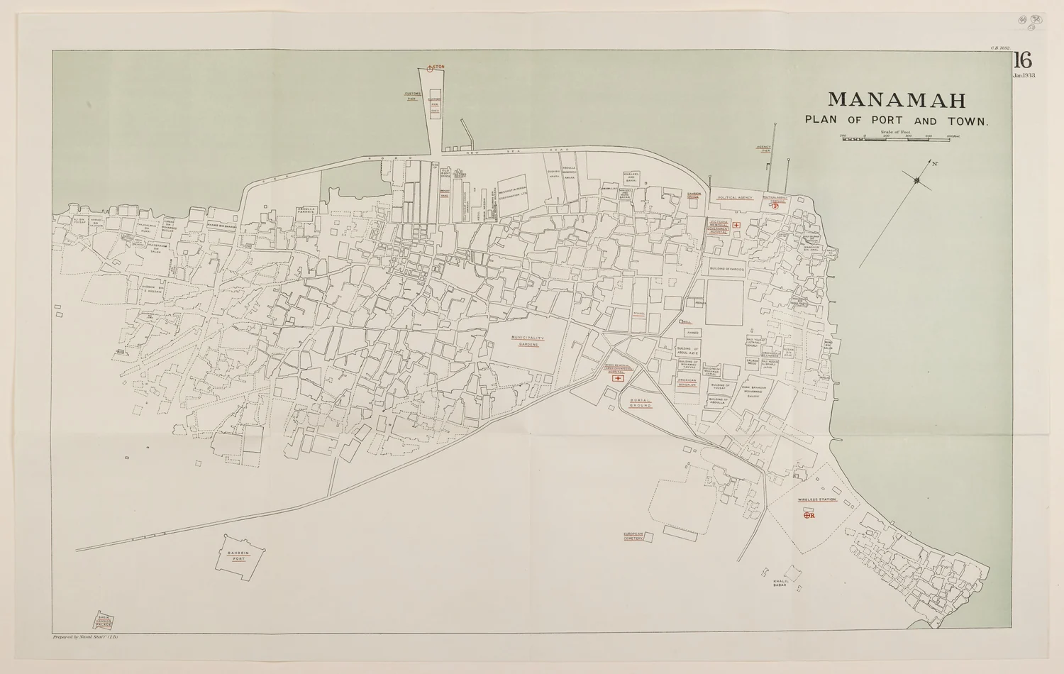 一九三三年一月的麥納瑪港口與街道圖。海關碼頭伸出岸邊，「New Sea Road」沿海旁鋪開，倉庫與市集街巷在陸上相接。
