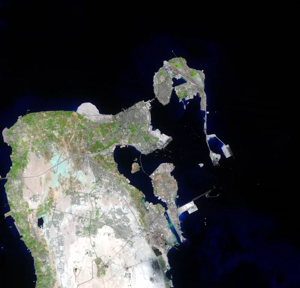 Landsat 5 於一九八七年八月一日記錄的麥納瑪及周邊海岸。圖中綠色代表植被；衛星資料經波段合成處理。